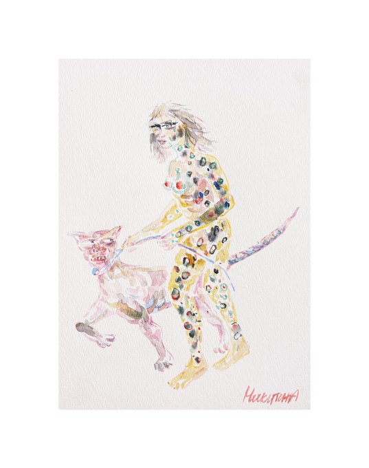 A delicate watercolor painting depicts a nude woman with multicolored leopard spots covering her body, walking alongside a plain pinkish leopard on a leash, signed "Hillstrom" in red in the bottom right corner.