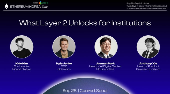A promotional graphic for 'ETHEREUM KOREA One' event titled 'What Layer 2 Unlocks for Institutions' featuring speakers Kido Kim (Nonce Classic), Kyle Jenke (Optimism), Jaeman Park (KB Securities), and Anthony Xie (Payward/Kraken).