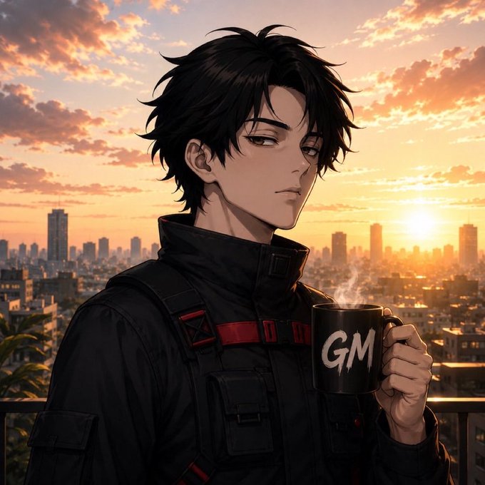 An anime-style illustration of a dark-haired man in a black jacket holding a black mug with 'GM' written on it, set against a sunset cityscape.