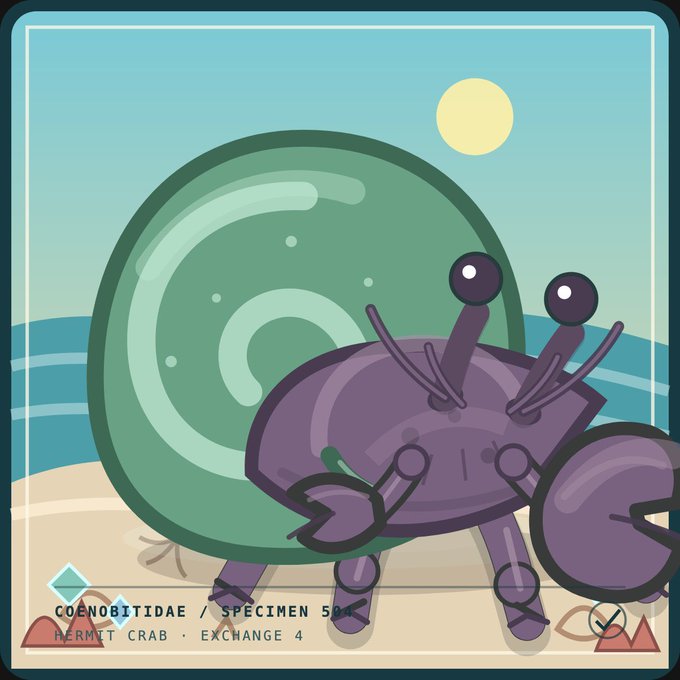 Illustrated card depicting a purple hermit crab labeled "COENOBIITIDAE / SPECIMEN 584 - HERMIT CRAB - EXCHANGE 4" in a tropical beach setting.