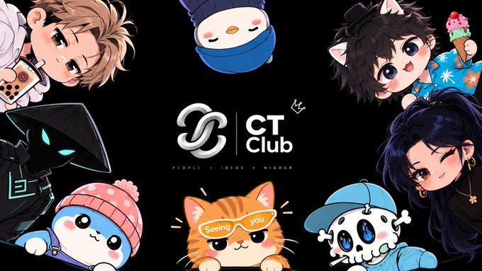 A promotional graphic for 'CT Club' features anime-style characters and cute creatures arranged around the logo with the tagline 'PEOPLE • IDEAS • HIGHER'.