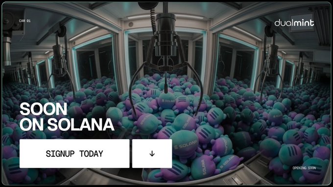 A promotional graphic for DualMint features a futuristic claw machine filled with Solana-branded capsules, displaying "SOON ON SOLANA," a "SIGNUP TODAY" button, and an "OPENING SOON" tag. The image ties into the post by highlighting DualMint's upcoming Solana deployment while showcasing $PEAQ's expanding real-world tokenization applications.