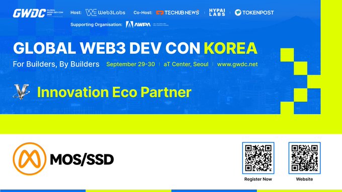 An event graphic for 'GLOBAL WEB3 DEV CON KOREA' (GWDC) hosted by Web3Labs with MOS/SSD as Innovation Eco Partner, scheduled for September 29-30 at AT Center, Seoul.