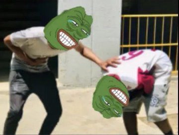 Two people are fighting in an outdoor setting, with their faces obscured by superimposed green troll face memes showing menacing grins.