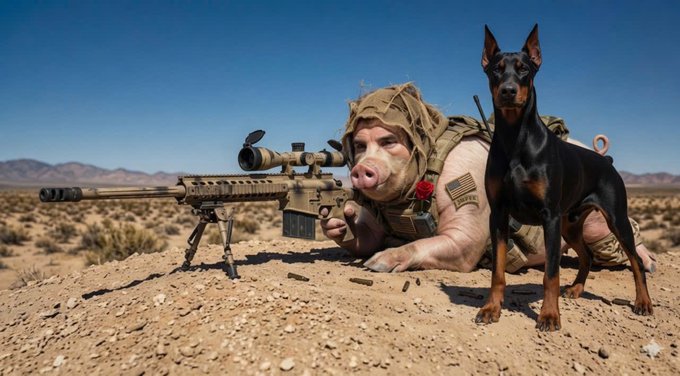 A Doberman dog stands in a desert landscape next to a prone soldier with a pig-like face wearing a boonie hat, who is aiming a scoped sniper rifle.