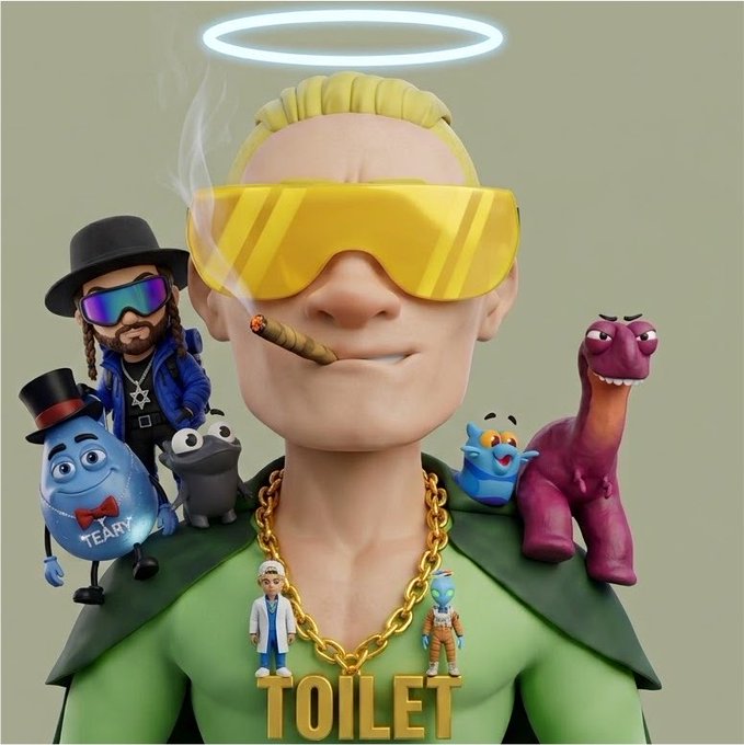 A stylized 3D character wearing yellow sunglasses and a green shirt, smoking a cigar, with a glowing halo, a gold 'TOILET' chain, and various smaller characters like a blue 'TEARY' figure and a purple dinosaur around him.