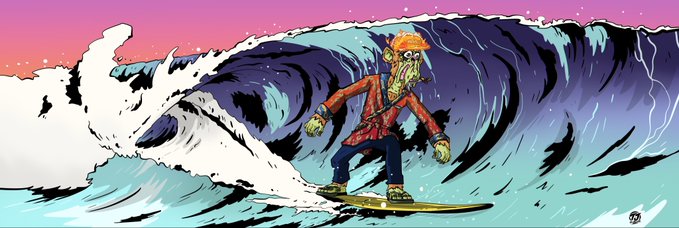 A stylized illustration of an anthropomorphic frog wearing a red jacket and crown, surfing on a large wave against a pink sky.