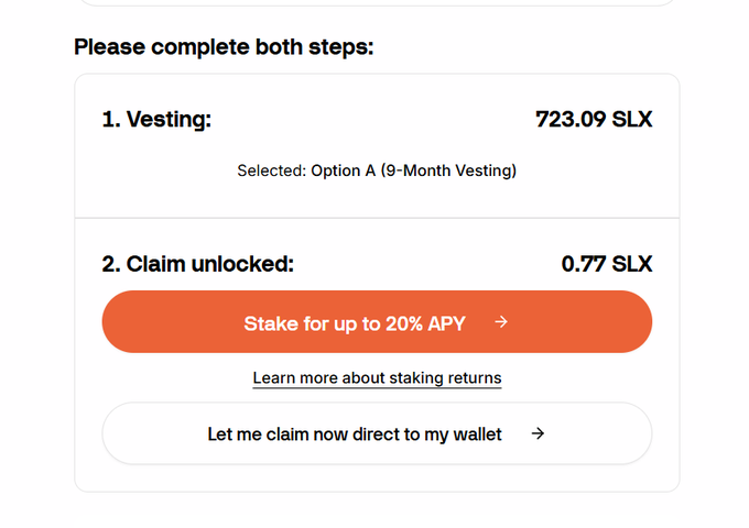 A crypto vesting interface showing '1. Vesting: 723.09 SLX (Option A, 9-Month Vesting)' and '2. Claim unlocked: 0.77 SLX', with options to stake for up to 20% APY or claim directly to wallet.