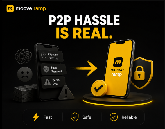 An advertisement for 'moove ramp' with the tagline 'P2P HASSLE IS REAL' showing a transition from a problematic transaction interface to a secure app, branded as Fast, Safe, and Reliable.