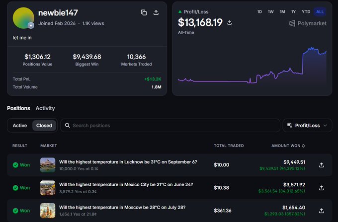 A screenshot of a Polymarket profile for user 'newbie147' showing a profit of $13,168.19, with a chart and positions on temperature-related bets in Lucknow, Mexico City, and Moscow.