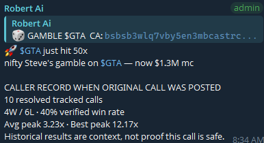 A Discord-style chat message from user 'Robert Ai' (admin) discusses a GAMBLE $GTA crypto call hitting 50x, noting an avg peak of 3.23x and a best peak of 12.17x, with a disclaimer that historical results are context, not proof.