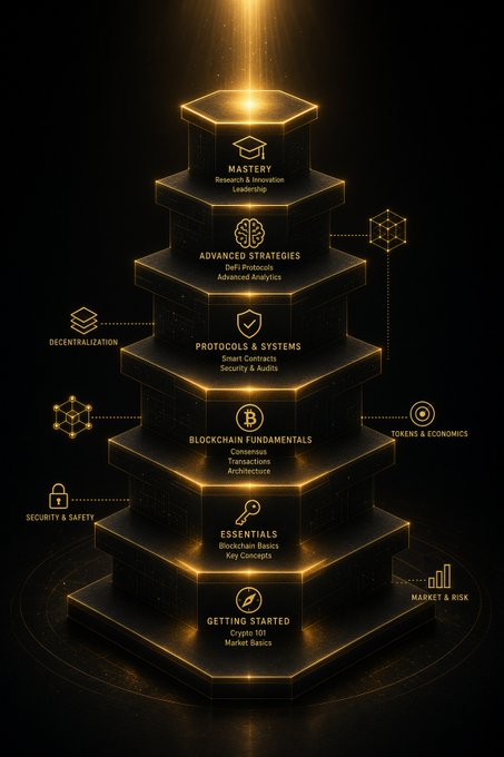 A glowing golden pyramid diagram illustrates a seven-tier crypto learning pathway, ascending from "Getting Started" (Crypto 101, Market Basics) through "Essentials," "Blockchain Fundamentals" (Consensus, Transactions, Architecture), "Protocols & Systems," "Advanced Strategies," and culminating in "Mastery" (Research & Innovation, Leadership), with side icons highlighting Decentralization, Security & Safety, Tokens & Economics, and Market & Risk—visually reinforcing the post's message that mastering crypto fundamentals before chasing price action prevents costly mistakes.