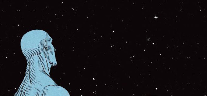 A bald, blue-tinted illustrated figure stands gazing at a vast starry sky, evoking a contemplative mood about the creator behind the "What If" meme, with one prominent star shining brightly in the distance—symbolizing perhaps the moment of realization or revelation referenced in the "$REVENGE ARC" crypto post.