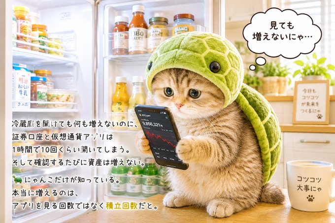 A cute kitten wearing a turtle shell hat sits in front of an open refrigerator holding a smartphone displaying a stock chart. Japanese text reads '見ても増えないにゃ…' (It doesn't grow just by looking at it) and notes about checking crypto apps frequently without assets increasing.