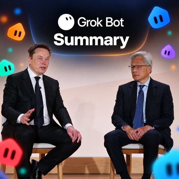 The image shows Elon Musk and Jensen Huang seated together in what appears to be a panel discussion, with a "Grok Bot Summary" header displayed above them and colorful chat bubble graphics floating in the background. The accompanying text frames this as a Grok AI-generated summary of their interview, focusing on themes of American energy infrastructure and how superintelligence will transform computing layers from chips to applications.