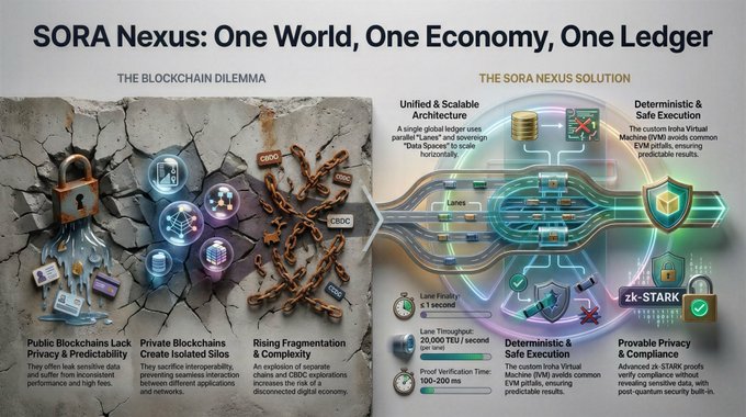 An infographic titled 'SORA Nexus: One World, One Economy, One Ledger' comparing 'THE BLOCKCHAIN DILEMMA' (showing public blockchains, private blockchains, and fragmentation) with 'THE SORA NEXUS SOLUTION' (highlighting unified architecture, deterministic execution, and provable privacy).