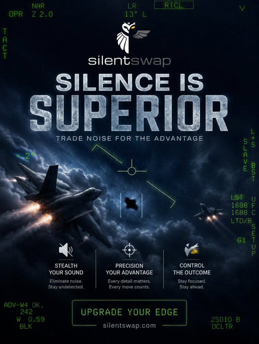 The image is a poster with a dark blue background featuring an aerial shot of two fighter jets flying through a stormy sky, accompanied by an explosion. The poster has text that reads "Silence is an advantage" and "Trade noise for the advantage". The image also includes text about updating your profile or account on the site.
