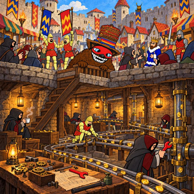 A whimsical, cartoon-style illustration depicting a medieval scene where hooded figures and knights work below ground on an elaborate conveyor belt system processing gold coins, while a crowned, grinning mascot oversees the bustling town above.
