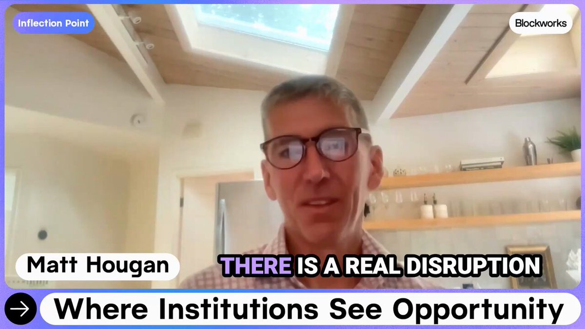 The image shows a man wearing glasses talking about an issue related to the financial services industry. He is discussing the disruption taking place within this sector, with some companies benefiting from AI technology or disruptive financial services platforms like Stripe, Revolut, Tether, Kraken, Figure, etc., while others are being affected by these changes. The post also mentions that there is a real disruption in the financial services business and asks where institutions see opportunity.
