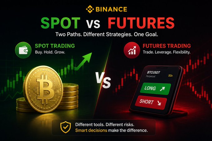A Binance promotional graphic comparing 'SPOT vs FUTURES' trading, with text reading 'Two Paths. Different Strategies. One Goal.' and 'Different tools. Different risks. Smart decisions make the difference.'