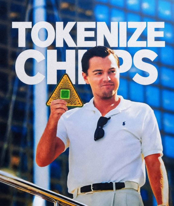 A promotional graphic features a man in a white polo shirt holding a triangular microchip with the bold text 'TOKENIZE CHIPS' overlaid on a modern glass building background.