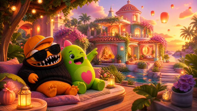 Two cute plush characters, one wearing sunglasses and an orange cap, relax on a lounge bed in front of a vibrant tropical villa at sunset, with floating lanterns in the sky.