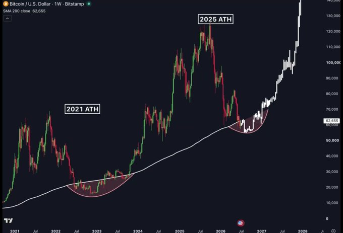 A Bitcoin/U.S. Dollar weekly Bitstamp chart showing price from 2021 to 2028, highlighting the 2021 ATH and 2025 ATH with a 200 SMA close at 62,655.