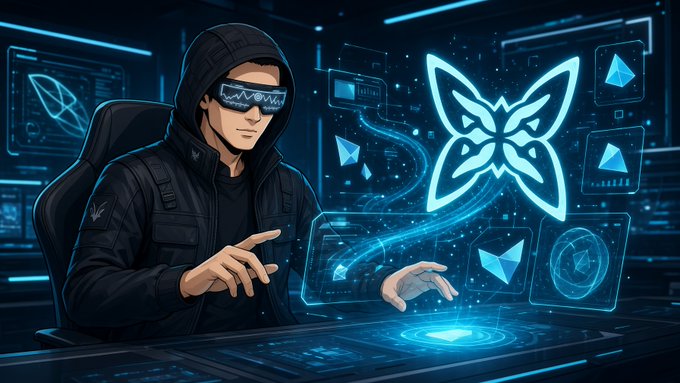 A hooded figure wearing futuristic visor glasses interacts with glowing holographic interfaces displaying geometric shapes, data panels, and a stylized butterfly emblem, symbolizing hands-on engagement with the QuipNetwork dashboard. The imagery visually reinforces the post's description of an operator testing hybrid workload matching and verification on the platform.