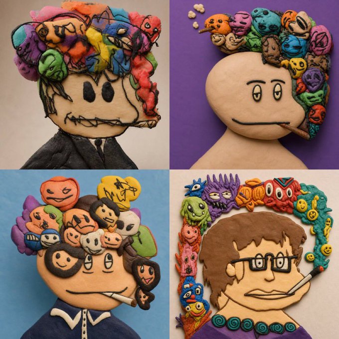 A four-panel collage of handmade clay relief portraits, each showing a stylized person smoking a cigarette with a mass of colorful small faces forming their hair.
