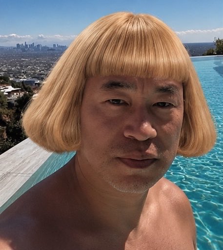 A man with a blonde bob wig poses by an infinity pool overlooking the Los Angeles skyline, with the post joking that the haircut resembles the famous "Hairpepe" meme hairstyle.
