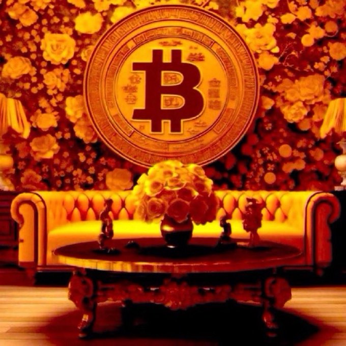 A luxurious golden interior features a large Bitcoin ($BTC) emblem mounted on a floral wall above an ornate tufted sofa and coffee table, symbolizing the wealth and opulence associated with cryptocurrency trading success promoted through the listed exchange referrals.