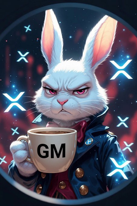 A digital illustration of an angry white rabbit in a coat holding a 'GM' coffee mug, surrounded by glowing X (XRP) logos in a cosmic background.