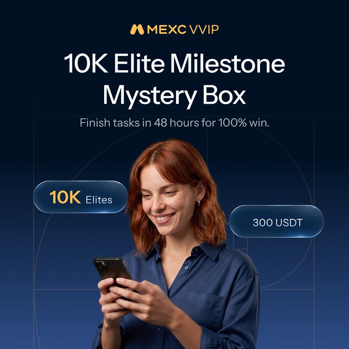 A smiling woman with auburn hair looks down at her phone against a dark blue background, with promotional text reading "MEXC VVIP" and "10K Elite Milestone Mystery Box — Finish tasks in 48 hours for 100% win," alongside badges for "10K Elites" and "300 USDT." The image visually reinforces the post's message about a limited-time MEXC VVIP reward, where a single futures trade earns a guaranteed prize from the mystery box.