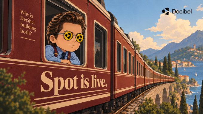 An illustrated advertisement shows a cartoon boy with star-shaped sunglasses leaning out of a red train window, with text reading 'Why is Decibel building both?', 'Decibel', and 'Spot is live.'