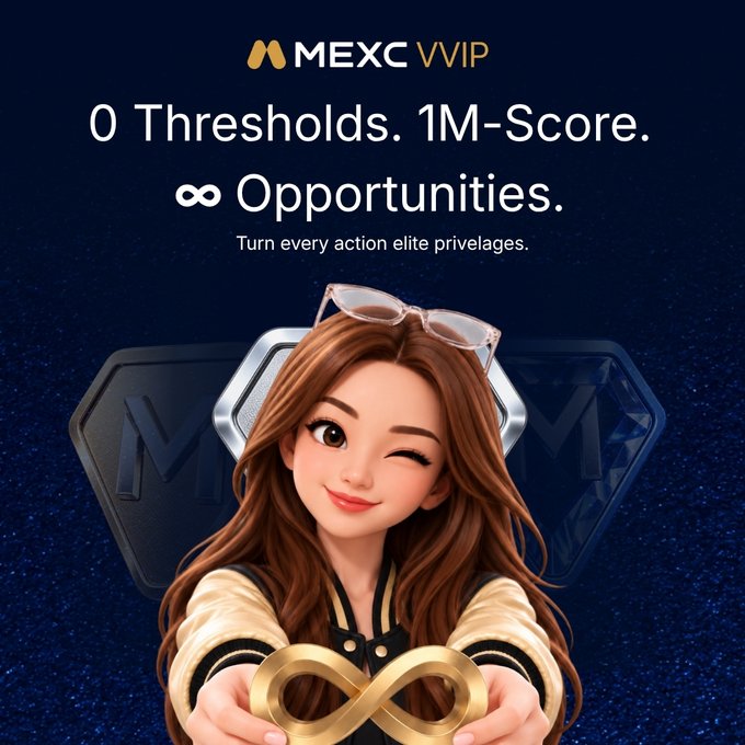 A promotional graphic for MEXC VVIP featuring a 3D anime-style female character holding a gold infinity symbol, with text reading '0 Thresholds. 1M-Score. ∞ Opportunities. Turn every action elite privileges.'