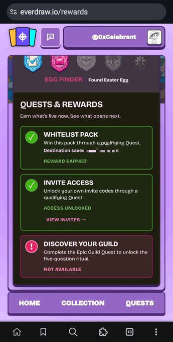 An everdraw.io rewards page showing Quests & Rewards including 'WHITELIST PACK' (Reward Earned) and 'INVITE ACCESS' (Access Unlocked) for user @0xCelebrant.