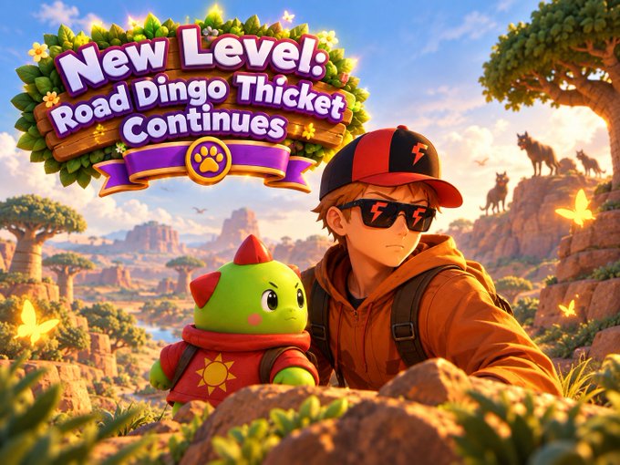 A vibrant game-style graphic announces 'New Level: Road Dingo Thicket Continues' featuring an anime-styled boy in sunglasses and cap alongside a small green creature in a rocky landscape with glowing butterflies.