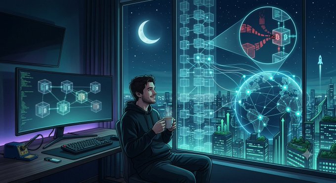 An illustration of a person sitting at a desk with a computer monitor showing blockchain cubes, looking out a window at a nighttime cityscape with cryptocurrency symbols and a glowing globe.
