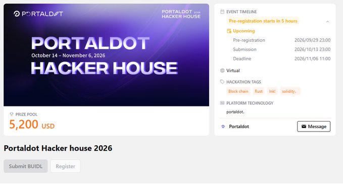 The PortalDOT Hacker House 2026 event page advertises a hackathon running October 14–November 6, 2026, with a $5,200 USD prize pool, featuring technologies including Polkadot, Rust, ink!, and Solidity, and tags like "portaldot" and "Virtual." The page displays registration timelines (pre-registration 2026/09/29, submission 2026/10/13, deadline 2026/11/06) and provides "Submit BUIDL" and "Register" buttons, aligning with the post's call for developers to build and ship Web3 products on V3.0 ahead of a Live Demo Day on Nov 7–8.