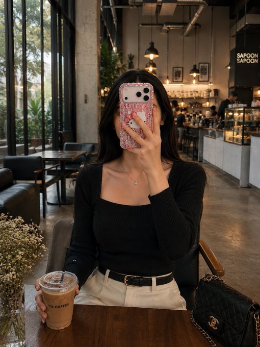 A woman in a black top takes a mirror selfie in a modern café, holding an iced coffee cup from "ST COFFEE" while a "SAPOON SAPOON" sign glows in the background, capturing a stylish and peaceful start to the day that matches her hopeful morning greeting.
