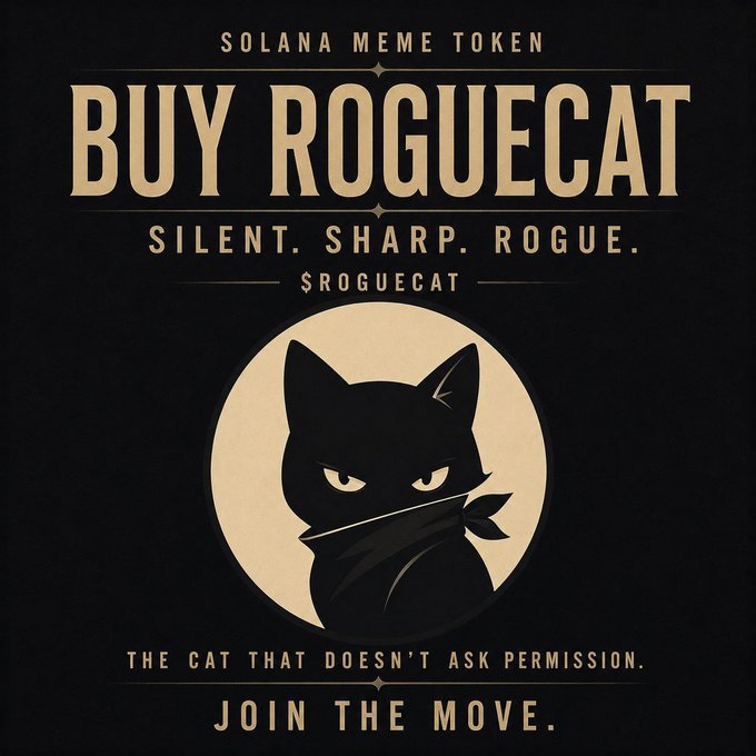 Promotional poster reading 'SOLANA MEME TOKEN', 'BUY ROGUECAT', 'SILENT. SHARP. ROGUE.', featuring the black cat logo and 'THE CAT THAT DOESN'T ASK PERMISSION. JOIN THE MOVE.'