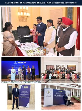 A collage of photos showing SvachSakthi at Rashtrapati Bhavan | AIM Grassroots Innovators event, featuring group photos and an award ceremony.