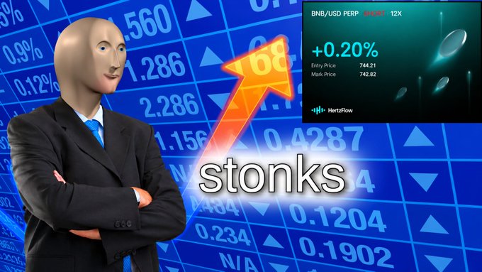Meme image featuring a 'Meme Man' figure in a suit standing before a stock ticker background, with a red upward arrow, the word 'stonks,' and a chart showing 'BNB/USD PERP' with +0.20% and a 'HertzFlow' logo.