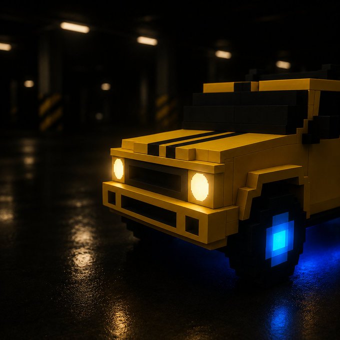 A blocky, LEGO-style yellow car with glowing yellow headlights and blue glowing wheels parked in a dark, atmospheric parking garage with wet floors.