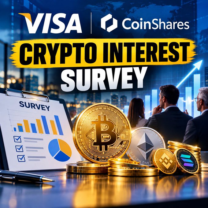 A promotional graphic titled "VISA | CoinShares CRYPTO INTEREST SURVEY" displays a clipboard, Bitcoin and Ethereum coins, and business people in a meeting setting.