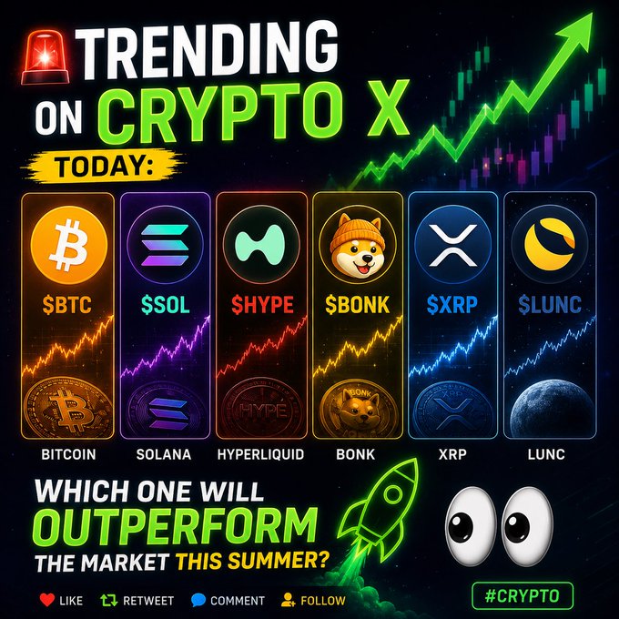 A bold social media graphic titled "TRENDING ON CRYPTO X TODAY" displays six cryptocurrencies with upward price charts: $BTC (Bitcoin), $SOL (Solana), $HYPE (Hyperliquid), $BONK, $XRP, and $LUNC, asking viewers which will outperform the market this summer. The design features a red alert light, candlestick chart background, and a rocket illustration to emphasize the bullish theme.