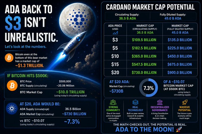 The infographic, titled "ADA BACK TO $3 ISN'T UNREALISTIC," presents a Cardano market cap analysis showing potential valuations of $109B, $182.5B, $365B, and $730B at $3, $5, $10, and $20 ADA prices respectively, comparing them to Bitcoin's market cap—which it suggests could reach $10 trillion if BTC hits $500K. The chart visually supports the post's argument that even a $20 ADA price would only equate to roughly 7.3% of Bitcoin's potential market cap, framing these projections as mathematically plausible relative to BTC's scale.