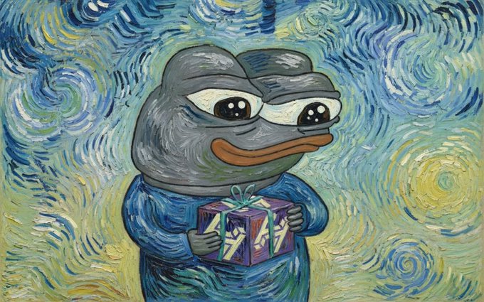 A parody of Van Gogh's 'Starry Night' featuring a sad gray duck character in a blue hoodie holding a purple gift box with a green ribbon.