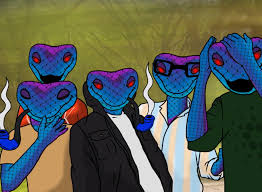 A cartoon image depicts several blue, smiling lizard-like figures dressed in suits holding drinks and cigarettes.