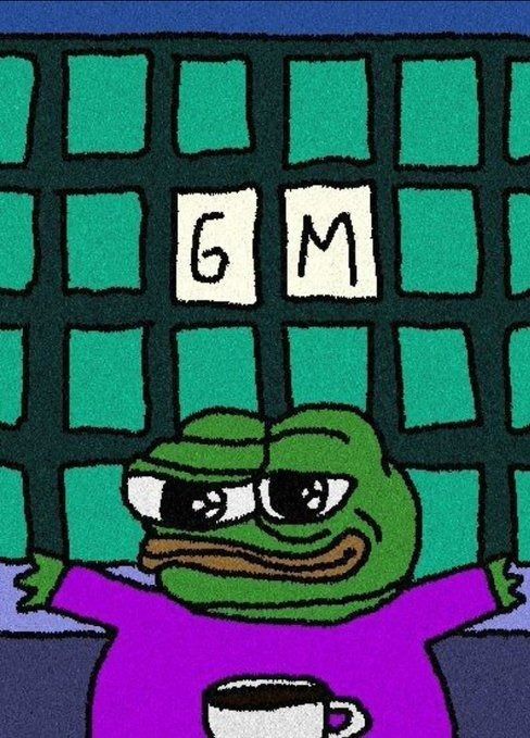 A digitally illustrated meme of a green Pepe frog wearing sunglasses and a purple shirt, sitting in front of a window with 'GM' written on it and a coffee cup nearby.